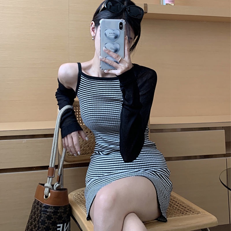COZOK Set Đầm Sát Nách Kẻ Sọc Và Áo Khoác Cardigan Thời Trang Trẻ Trung