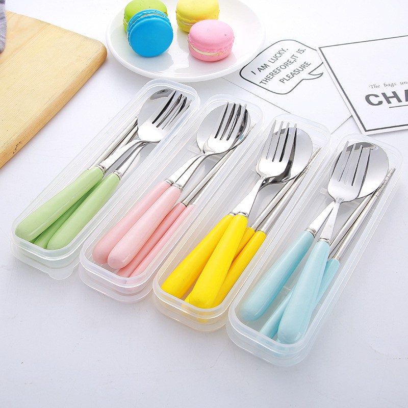 Bộ Đũa Thìa Dĩa Inox 304 Cán Sứ Cao Cấp Có Hộp Đựng Trong Suốt Siêu Dễ Thương bộ đũa thìa dĩa dùng cơm văn phòng,du lịch