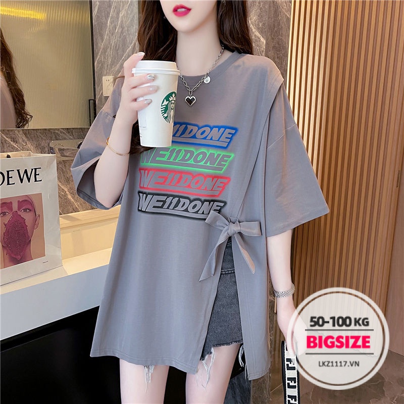 Áo thun Bigsize Áo phông kiểu nữ form rộng tay ngắn cổ tròn xẻ tà mùa hè Phong cách Hàn Quốc Thời Trang tiểu thư cá tính xinh đẹp cho người mập béo