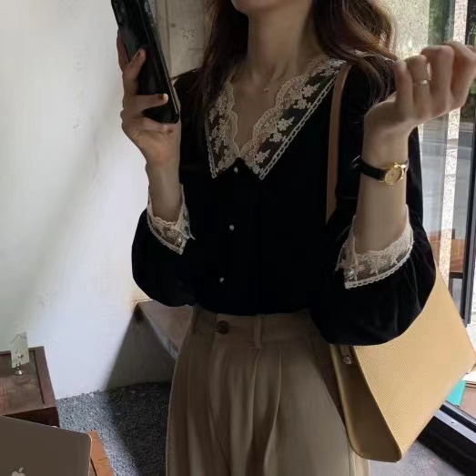 SUXI Áo Kiểu Nữ Dài Tay Cổ Chữ V Phối Ren Hoa Thiết Kế Mới Thời Trang Theo Phong Cách Vintage
