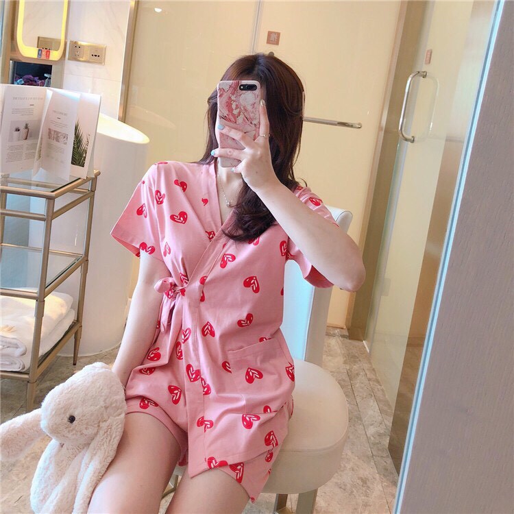 Bộ ngủ kimono cotton họa tiết trái tim nopi shop