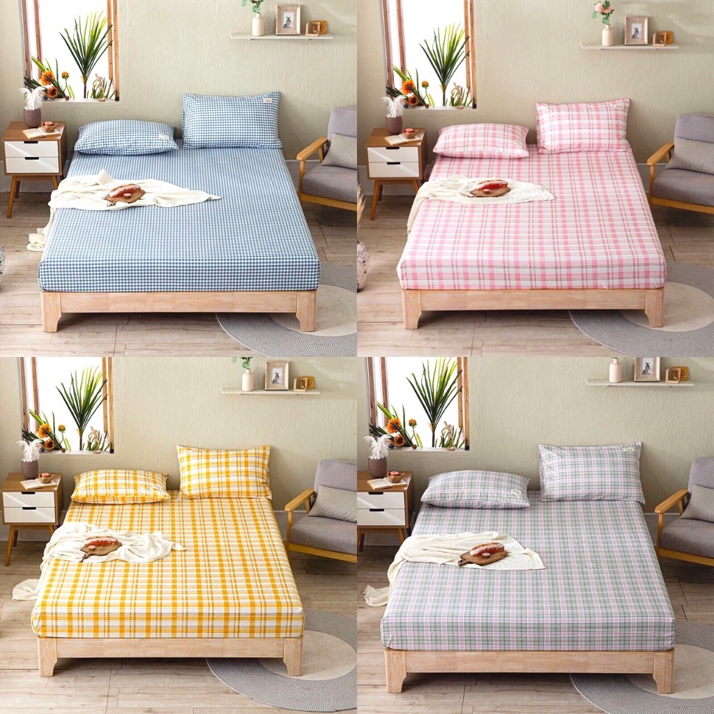 Bộ chăn ga gối , drap giường 3 chi tiết cotton TC họa tiết kẻ nhiều màu sắc