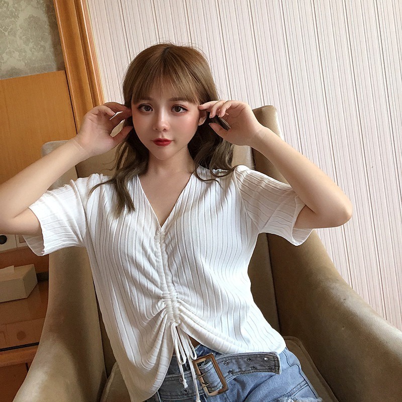 Áo Thun Dệt Kim Tay Ngắn Cổ Chữ V Dáng Rộng Phối Dây Rút Trẻ Trung Hợp Thời Trang