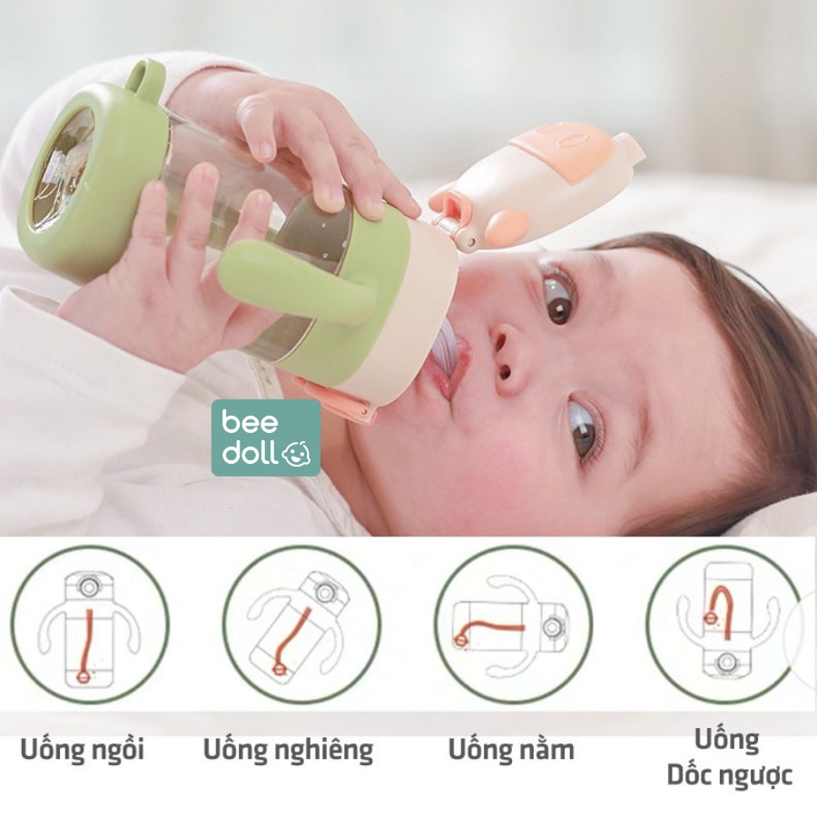 Bình tập uống nước BeeDoll cao cấp chất liệu PPSU 320ml cho bé dùng ở mọi tư thế chống sặc, Tặng kèm dây đeo + Cọ rửa