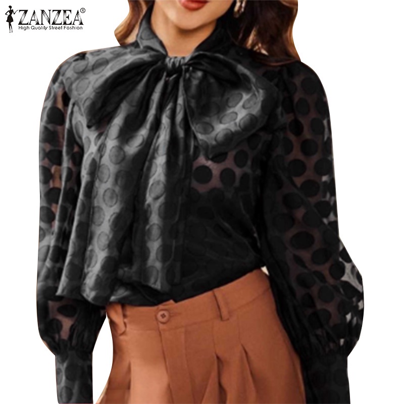 Áo sơ mi Zanzea chấm bi cổ thắt nơ tay dài thời trang dành cho nữ