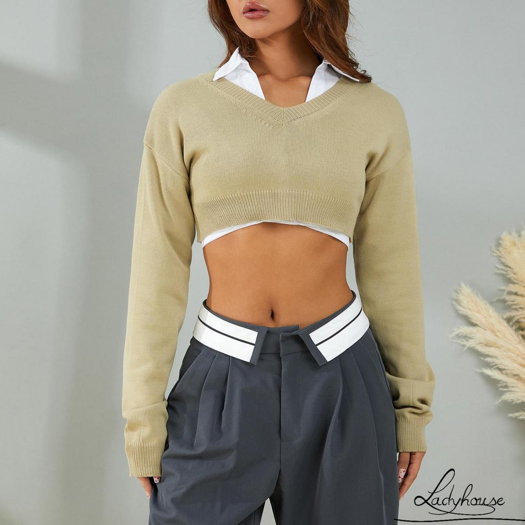 Áo Croptop Dệt Kim Cổ Chữ V Tay Dài Lồng Đèn Màu Sắc Đơn Giản Dành Cho Nữ