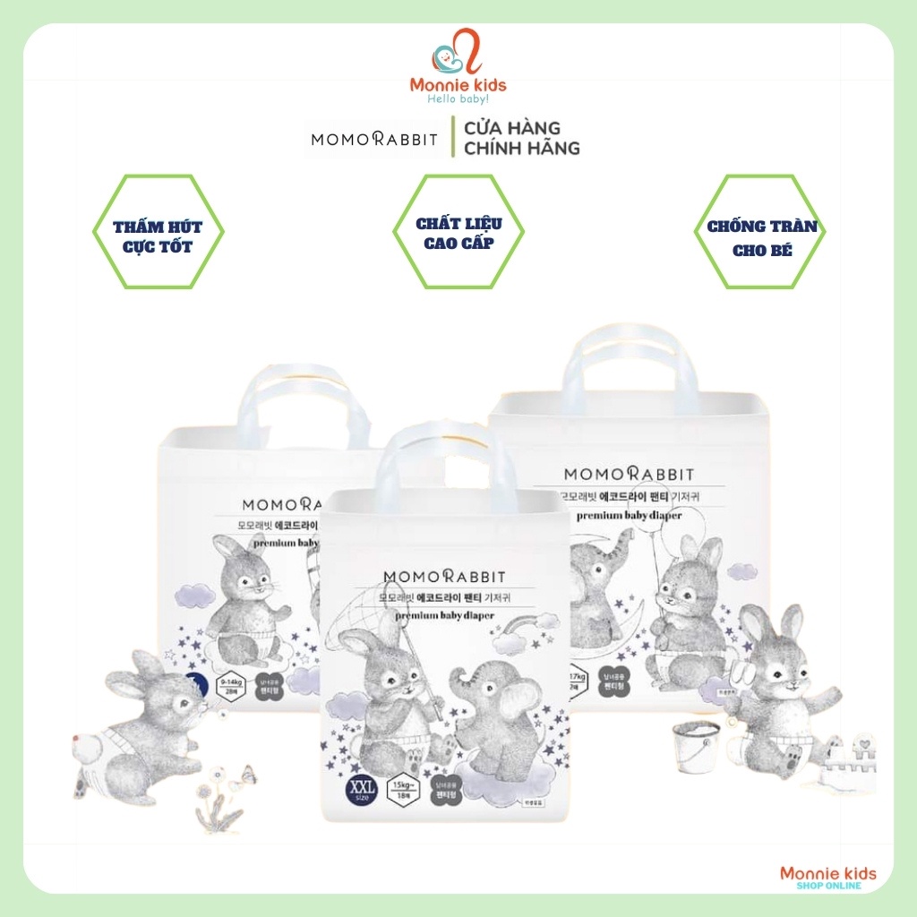 Tã quần đêm cho bé Momo Rabbit Premium L28 XL22 XXL18, Bỉm quần siêu thấm hút - Monnie Kids