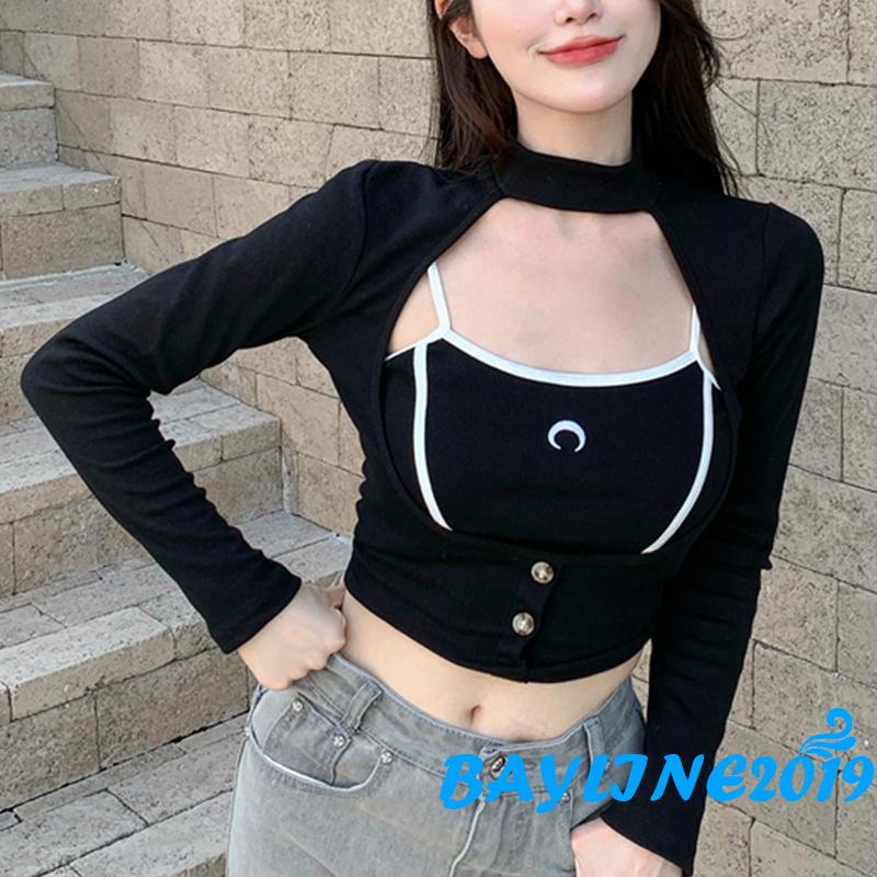 Set 2 áo cổ cao tay dài thêu hình mặt trăng thời trang cho nữ