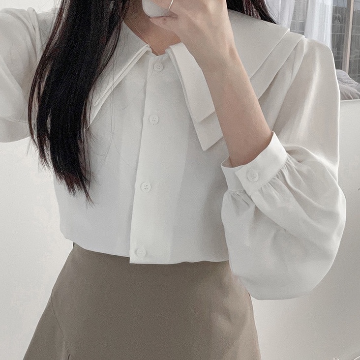 Áo sơ mi tay dài cổ bẻ phối bèo/ chân váy chữ A lưng cao phong cách mới 46910