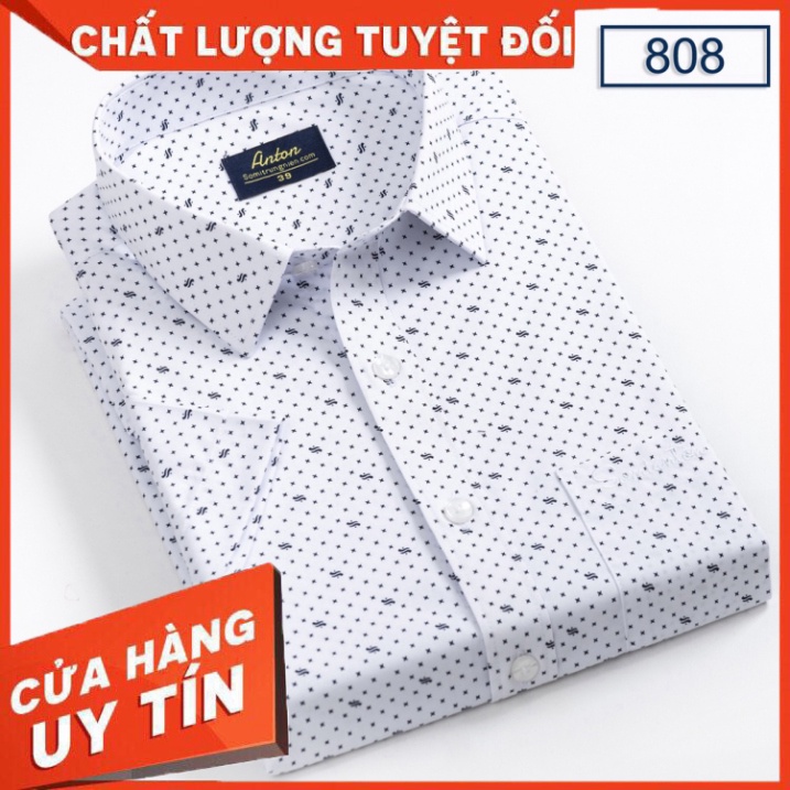 Áo Sơ Mi Nam Công Sở Trung Niên Ngắn Tay Vải Cotton Họa Tiết Chấm Bi Nhỏ Màu Trắng Anton - 808 - Hàng nh