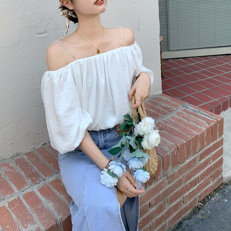 Off the shoulder top / summer white bubble sleeve T-shirt / sleeveless top