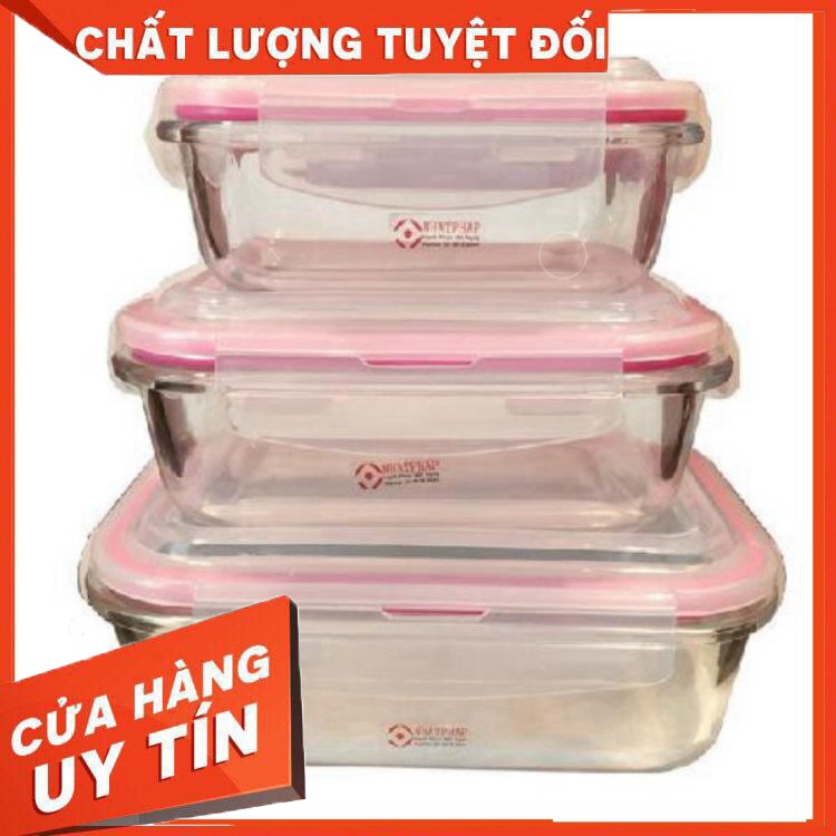 [ Hàng Chính Hãng ] Bộ 3 hộp đựng cơm thủy tinh hình chữ nhật dùng được lò vi sóng (370 + 640 + 1040ml)