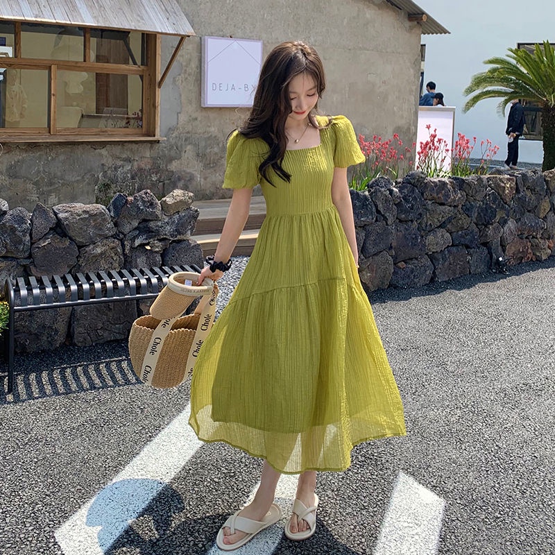 Đầm Cổ Vuông Xếp Ly Dáng Dài Màu Xanh Lá Phong Cách Retro Pháp Thời Trang Mùa Hè Hàng Mới 2022