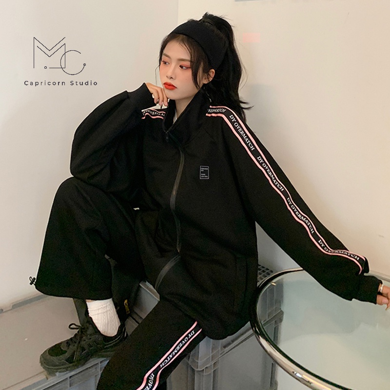 Bộ đồ thể thao màu đen kẻ sọc oversize phong cách Ulzzang Hàn Quốc
