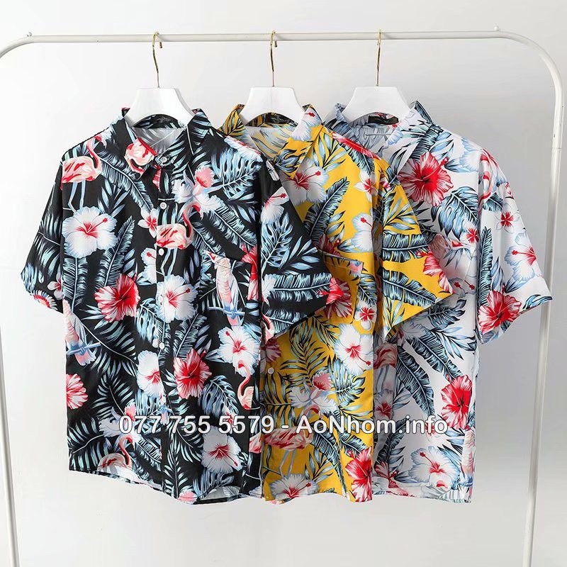 Áo sơ mi đi biển mềm mát - Chim hạc, Bông hoa dăm bụt - Đủ size Em Bé, S, M, L, XL, XXL, XXXL, có Bigsize trên 100kg