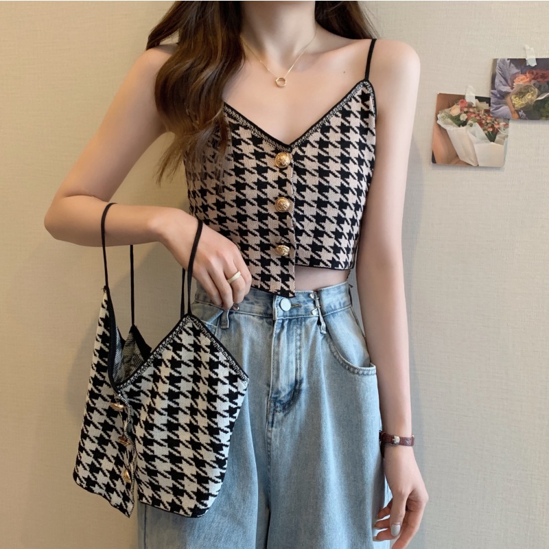 Áo kiểu hai dây ZHELIHANGFEI dệt kim dáng ngắn cài nút thời trang