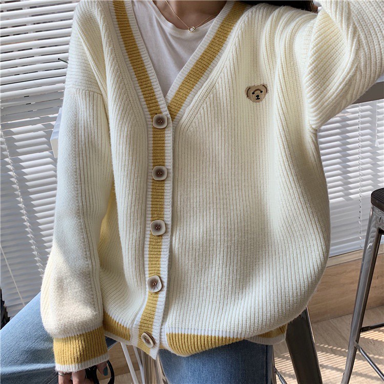 Áo khoác cardigan cổ chữ V dài tay dáng rộng phong cách Hàn Quốc retro