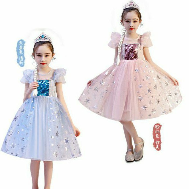 Váy Elsa + Vương Miện + Đũa Thần + Tóc Giả Cho Bé Gái