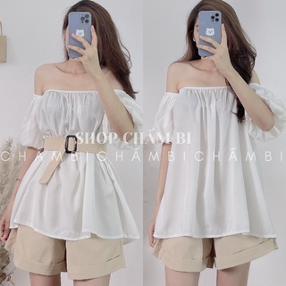 Set tiểu thư S.050, Set áo babydoll trễ vai kèm thắt lưng và quần short kaki be (MẶC ĐƯỢC 3 KIỂU)