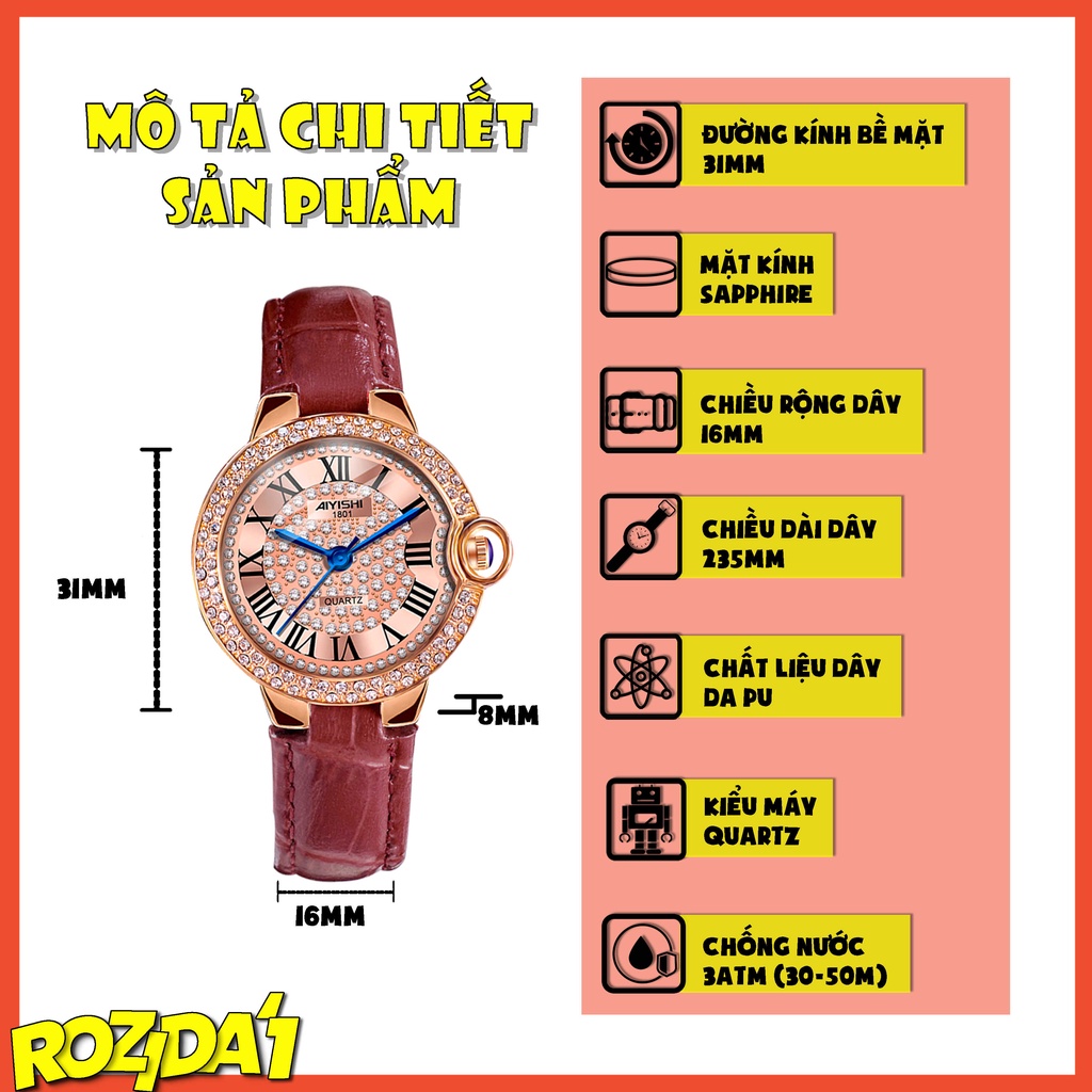 Đồng hồ nữ chính hãng dây da giá rẻ đẹp chống nước thời trang cao cấp Rozida'1 DH11 | WebRaoVat - webraovat.net.vn