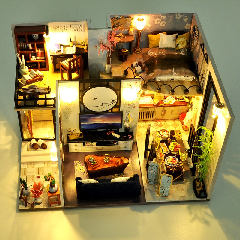 Bộ đồ chơi thu nhỏ nhà búp bê Cutebee Diy với đồ nội thất, Nhà đồ thủ công sưu tầm theo sở thích, Bóng tre Giang Nam TD18