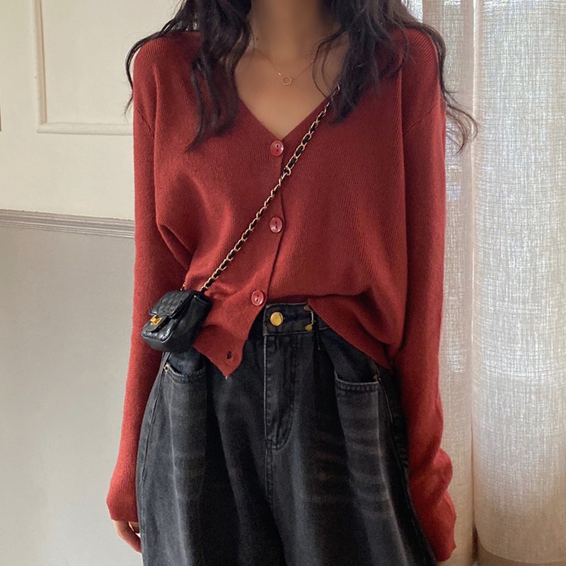 Áo khoác cardigan tay dài cổ chữ V dáng rộng phong cách Hàn Quốc cho nữ