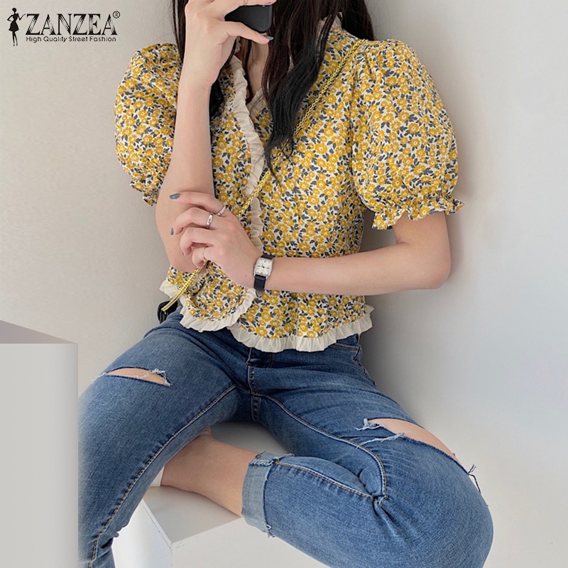 Áo Zanzea kiểu tay phồng cổ chữ v in họa tiết hoa phong cách Hàn Quốc thời trang cho nữ