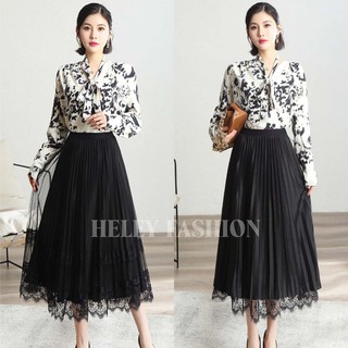 [Mặc 2 kiểu] Chân váy xếp ly dài midi công sở phối ren hàng Quảng Châu - HELEY.VN