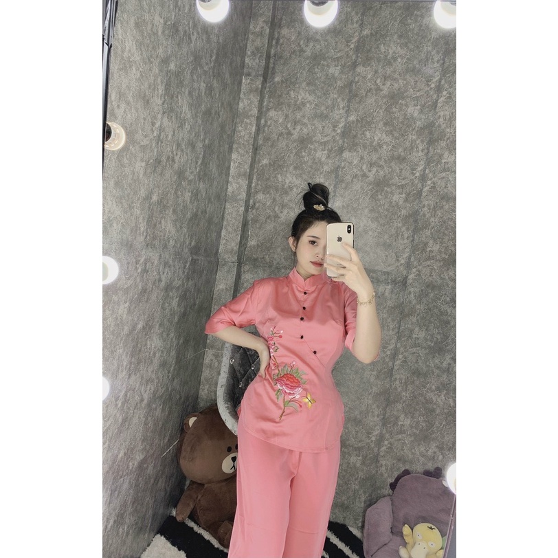 Đồ Lam Đi Chùa #Mẫu Hoa Xuân Lụa Satin# Quần Áo Nữ