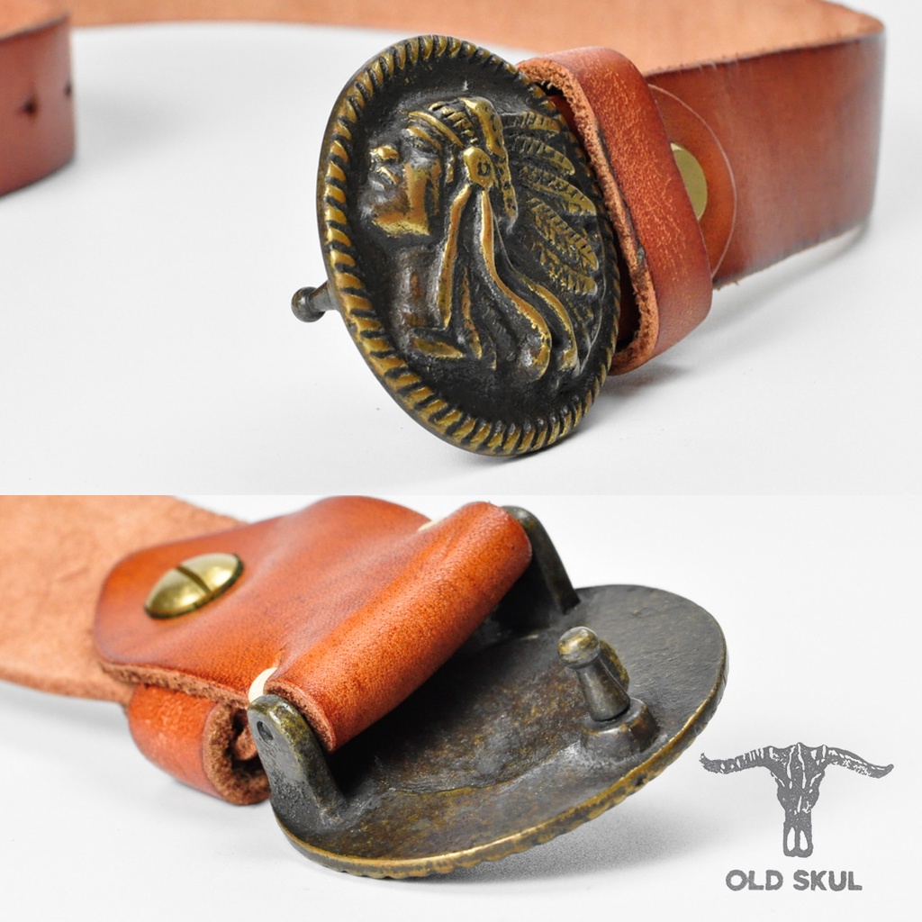Dây thắt lưng nam da bò veg bản 34mm, khóa bập đồng thau đúc đặc hình thổ dân da đỏ kiểu cổ xưa cực chất DL199