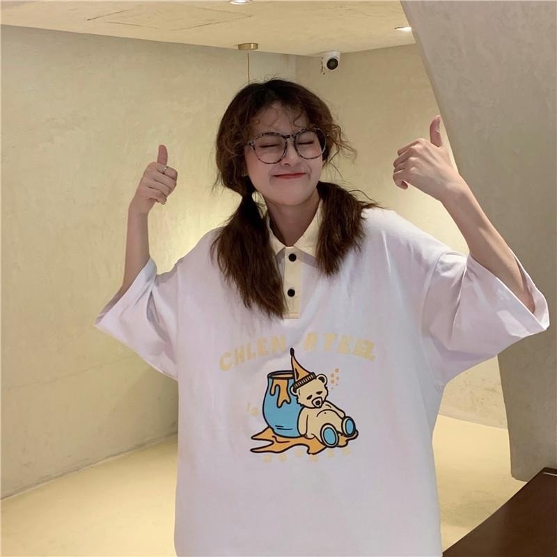 Áo polo Tay Ngắn Dáng Rộng Phong Cách Hàn Quốc Thời Trang Cho Nữ