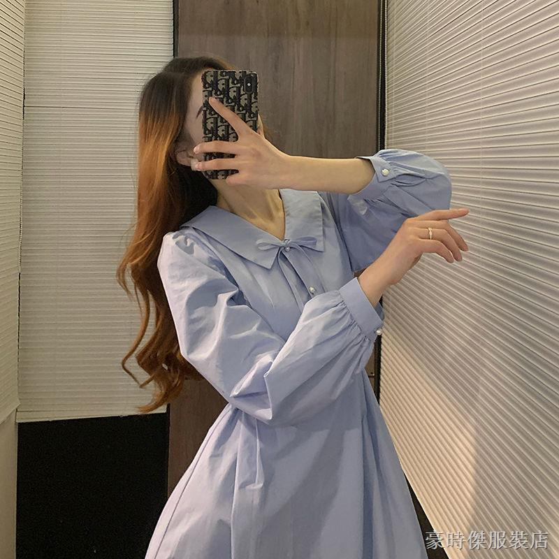 ☽✚∋ Đầm Một Mảnh Tay Ngắn Phong Cách Nhật Bản Thời Trang Ngọt Ngào Màu Xanh Dương Sữa Phong Cách Preppy Sw