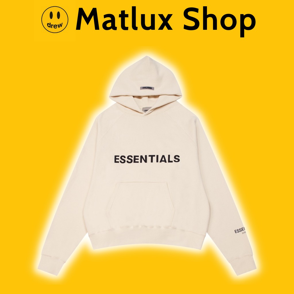 Áo hoodie FEAR OF GOD FOG ESSENTIALS Cream SS20 bản cao cấp, Áo khoác nỉ form rộng ESSENTIALS in chữ silicon ở mặt trước