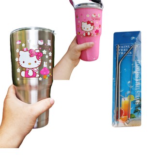 COMBO LY GIỮ NHIỆT HELLO KITTY BẠC 900ML KÈM TÚI, 2 ỐNG HÚT, CỌ