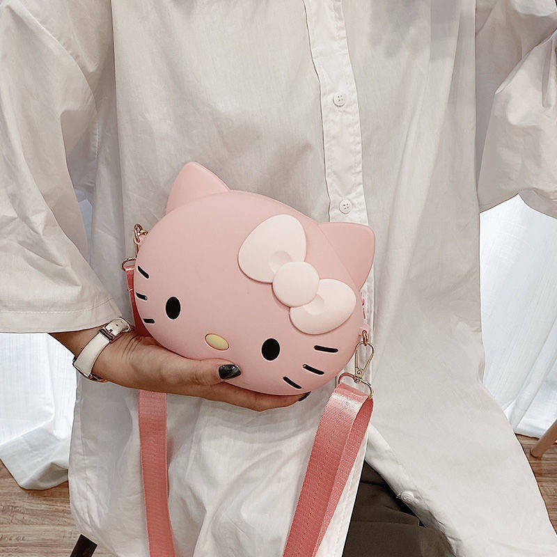 Túi đeo chéo đựng điện thoại bằng silicon kiểu đầu mèo Hello Kitty dễ thương 2021 cho nữ