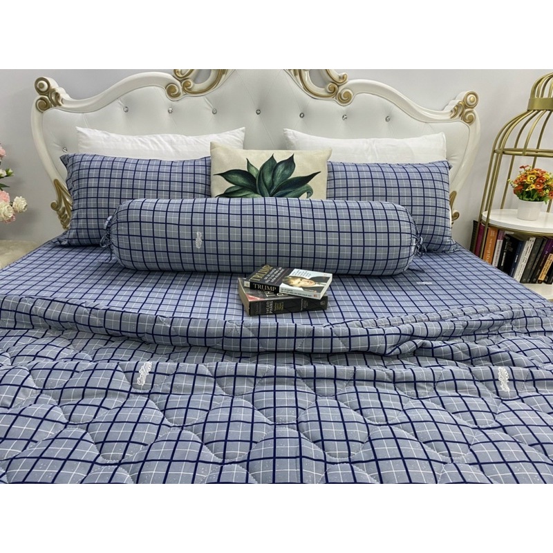 Bộ ga gối thun mẫu caro xám xanh