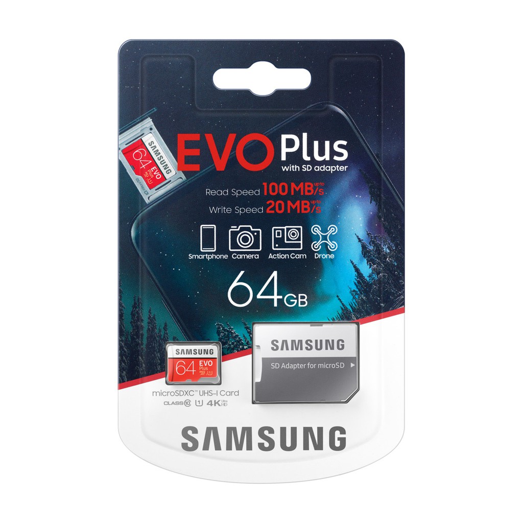 Thẻ nhớ MicroSDXC Samsung Evo Plus 64GB U1 2K R100MB/s W20MB/s - box Anh New 2020 (Đỏ) + Kèm Adapter