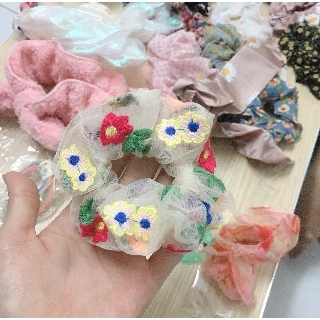 [XẢ KHO - hình tự chụp]  Dây Scrunchies, Scrunchies Dây buộc tóc vải lưới thêu hoa co giãn Hàn Quốc