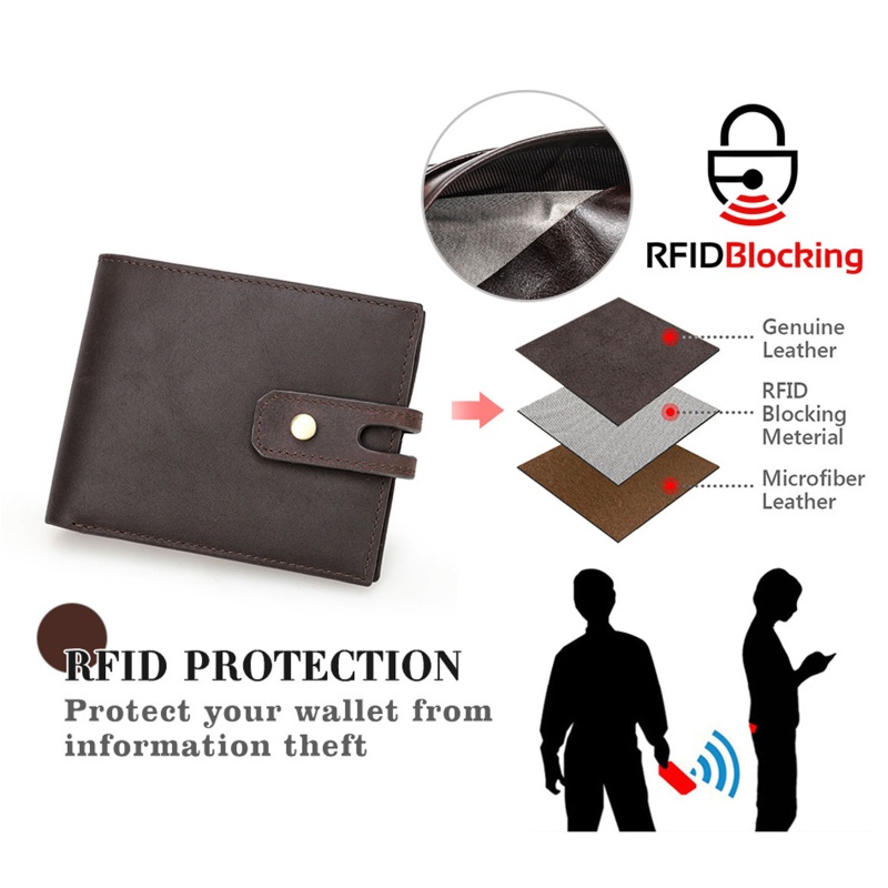Youyo Ví Ngắn Gập Đôi Bằng Da Bò Có Khóa Nút Cài RFID Vintage Chống Trộm Cho Nam