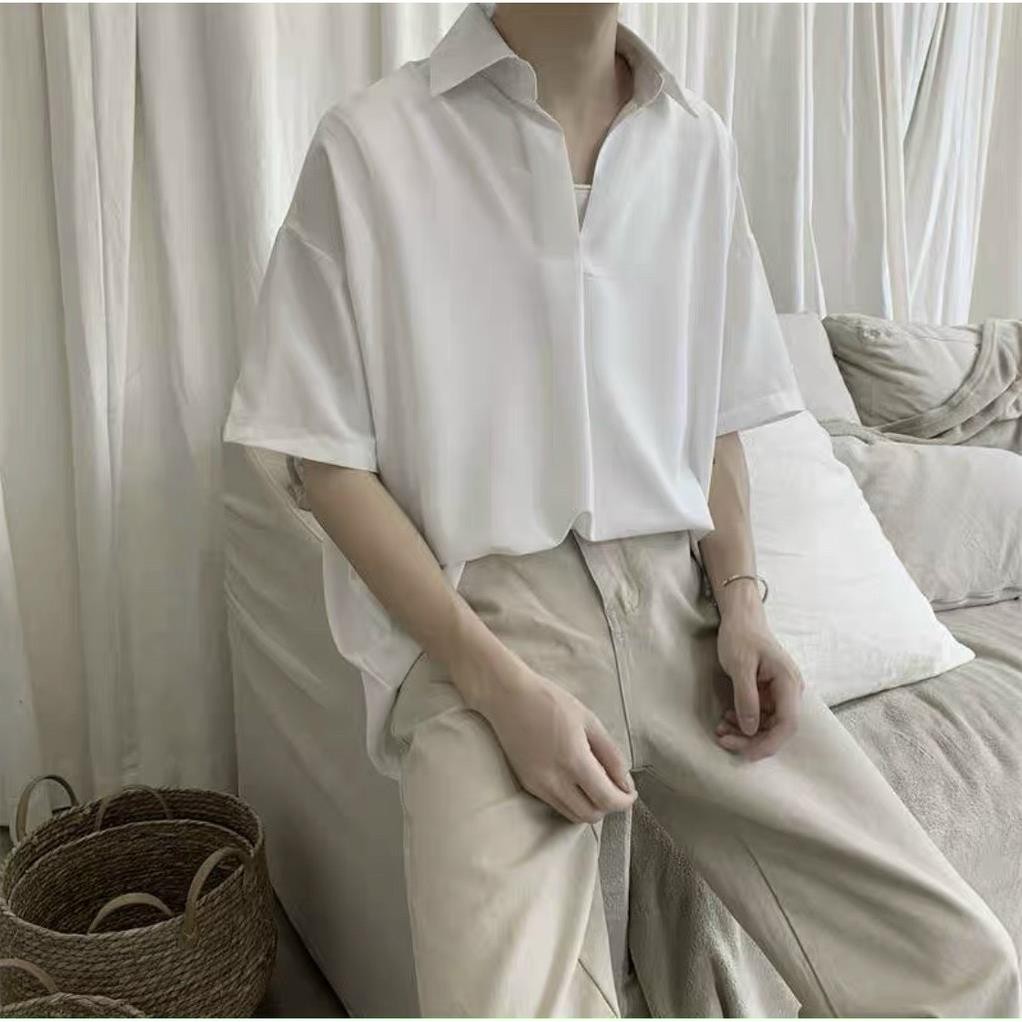 Áo SƠ MI CỔ CHUI Basic trơn unisex nam nữ tay ngắn form rộng style HÀN QUỐC ◦ ྇ ་