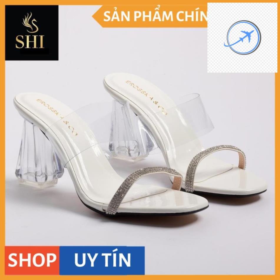 Dép cao gót quai trong Erosska thời trang mũi vuông đính đá sang trọng cao 9 cm màu trắng _EM042