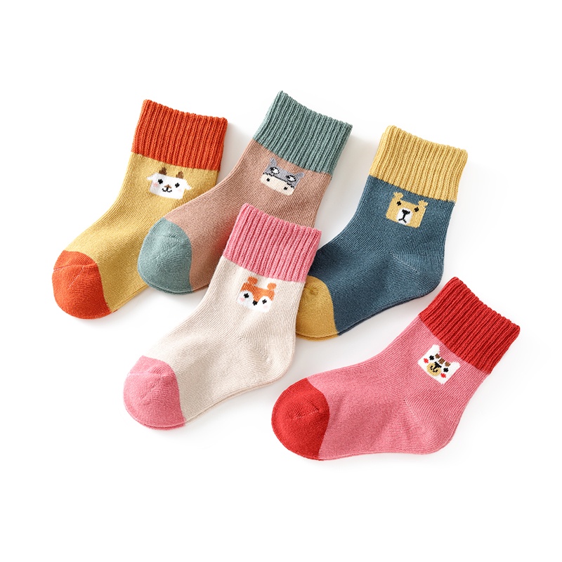 Set 5 Đôi Vớ Cổ Trung In Họa Tiết Hoạt Hình Màu Sắc Tương Phản Thời Trang Cho Bé