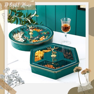 Khay đựng mứt tết, hộp đựng bánh kẹo tết hươu vàng bằng sứ cao cấp màu xanh cổ vịt sang trọng