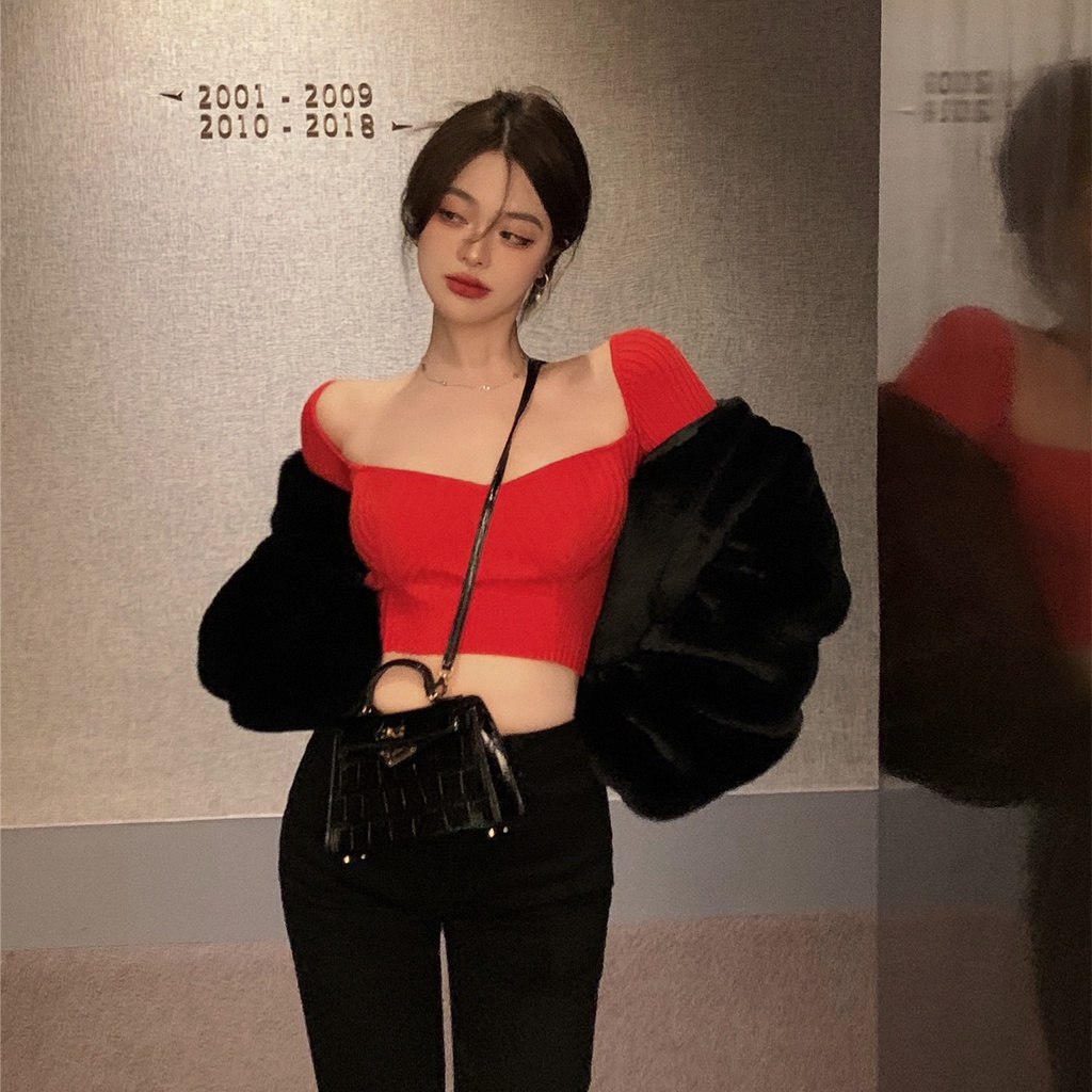 QKOOLE  Áo Croptop Dệt Kim Tay Dài Cổ Vuông Màu Sắc Đơn Giản Phong Cách Hàn Quốc Cho Nữ