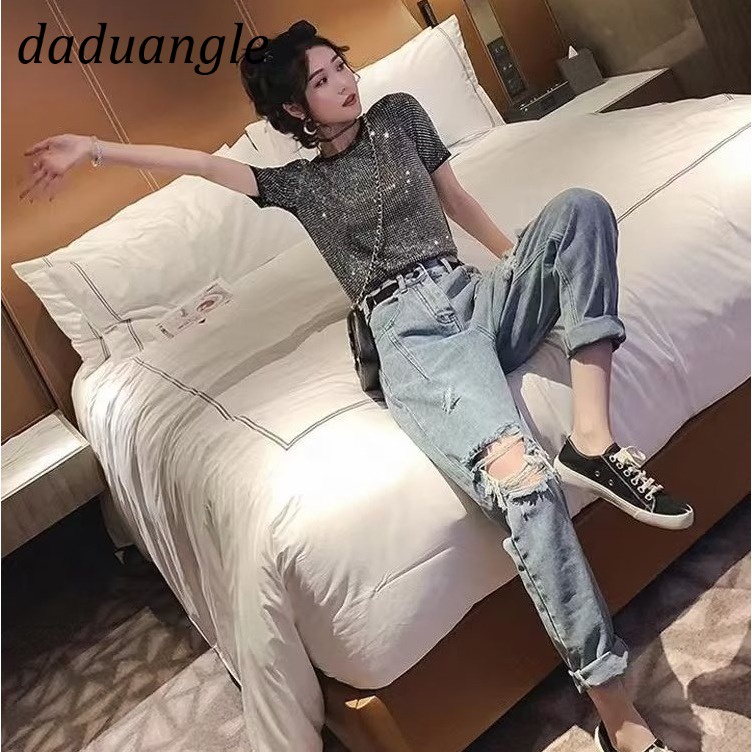 Quần jean Daduhey dáng rộng lưng cao kiểu rách thời trang phong cách Hàn Quốc cho nữ plus size