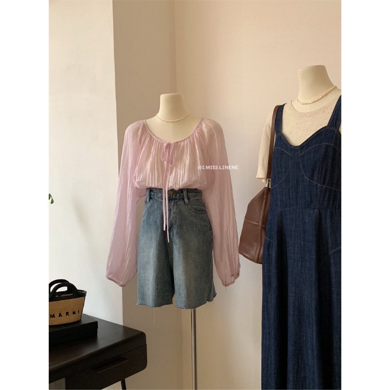 Áo Kiểu Tay Dài Cổ Tròn Cột Dây Xếp Ly Màu Trơn Thời Trang Mùa Thu 2022 Dành Cho Nữ