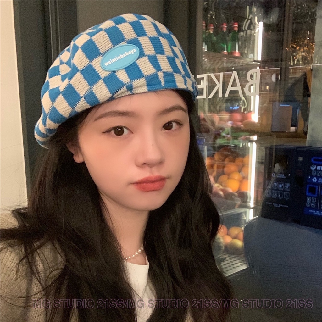 Mũ beret MG STUDIO cotton họa tiết sọc ca rô thời trang