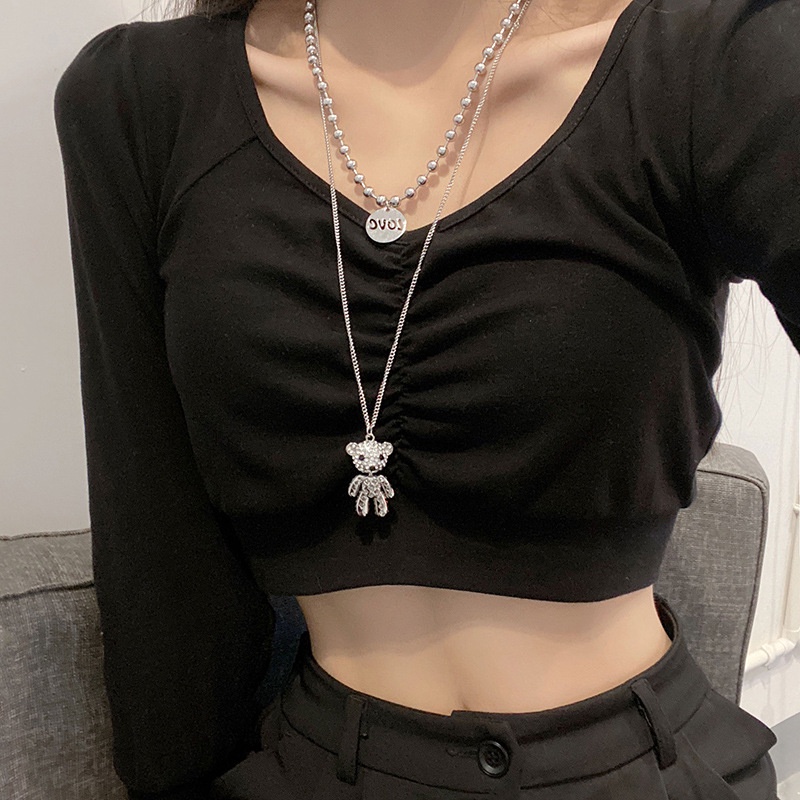 Vòng cổ Thép Titan Hai Lớp Mặt Hình Gấu Đính Đá Toàn Diện Phong Cách Hip hop Cho Nam Nữ