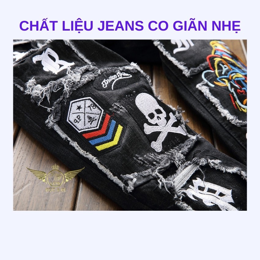 Quần jean nam đẹp rách xước độc lạ LEVANO chất liệu vải bò jeans không co giãn cao cấp thêu mặt hổ đầu nâu QJ011 | BigBuy360 - bigbuy360.vn