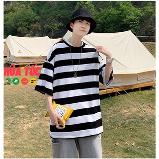 Áo thun tay lỡ unisex sọc ngang bản to form rộng, cổ tròn thời trang ulzzang Hàn Quốc - ĐEN SỌC TRẮNG